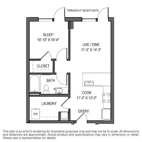 Floor plan for 1 bed, 1 bath, 657 sqft